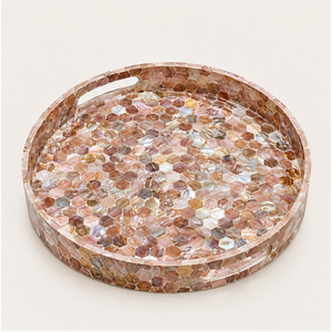 Plateau rond artisanal en nacre, mosaïque nid d'abeille, plateau décoratif avec poignées pour table basse, décoration intérieure - Product Image 5