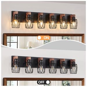 Applique Industriale Vintage da 38 Pollici a 6 Luci, Nera con Gabbia e Dettagli in Legno, per Illuminazione Bagno, Corridoio, Soggiorno - Product Image 6