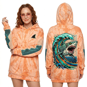Robe à capuche oversize Orange Cloud Wash pour femme, sweat-shirt rétro avec motif vague de requin, imprimé grille Vaporwave, manches effet usé, style surf S - Product Image 1