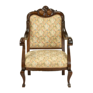 Sillón Antiguo Tallado en Madera de Teca Sólida de Alta Calidad con Acabado Marrón Oscuro y Tapicería para Uso en Interiores - Product Image 1