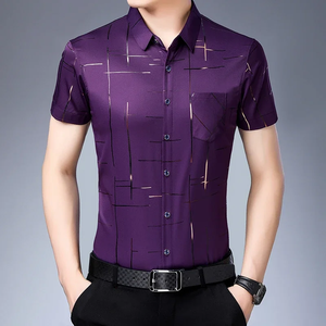 Nueva Camisa de Manga Corta para Hombre, Formal, Casual de Negocios, Tejida en Poliéster/Algodón, Cuello Redondo, Corte Holgado, 260g, Ecológica y Transpirable - Product Image 3