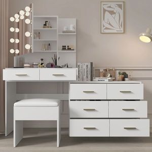 <b>Large</b> White Makeup Vanity <b>Desk</b> <b>with</b> 10 LED Lights Charging Station Mirror <b>Drawers</b> Storage Shelves - Product Image 3