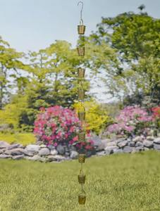Chaîne de pluie vintage en forme de seau, finition verte et dorée, pour jardin zen, fonction sonore relaxante de l'eau, chaîne de pluie extérieure - Product Image 2