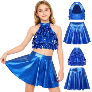 ชุดเต้นรำสำหรับเด็กผู้หญิงอายุ 6-16 ปี แฟชั่นชุดเต้นลีริคอล ชุดแสดงเต้นรำ เสื้อครอปท็อปพร้อมกระโปรงเมทัลลิก สำหรับฝึกซ้อมเต้นบอลรูม - Product Image 3