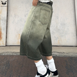 2026 Fashion Men's <b>Green</b> Gradient Wash <b>Denim</b> Jorts Vintage Loose Fit Wide Leg <b>Denim</b> <b>Shorts</b> Streetwear Custom Logo Cargo Jorts - Product Image 2