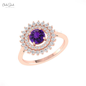 Custom 14k Fine <b>Gold</b> Double Halo <b>Ring</b> with 6mm Round Cut Amethyst & White Diamond Engagement <b>Cocktail</b> <b>Ring</b> from Chordia Jewels - Product Image 2