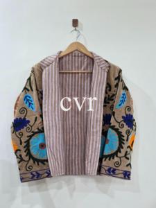 Manteau en velours brodé à la main à motif floral, col mandarin, grande taille, vêtements d'extérieur pour femmes, style bohème, manches longues - Product Image 3