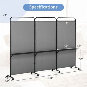 Customizable 3-Panel Folding <b>Divider</b> with Lockable Wheels and 3 Metal Shelves <b>Vintage</b> Design Grey <b>Room</b> Partition - Product Image 3