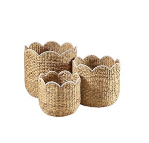 Eco Friendly Handmade Woven Water Hyacinth Basket Decorative Storage <b>Container</b> with Scalloped Top for Home Organization - Product Image 1