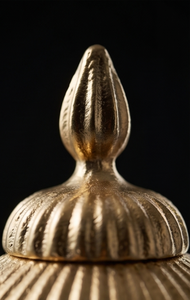 Luxury <b>Gold</b> Ribbed Metal Storage Jar With Pointed Finial Lid Date And Dry Fruit Container Tabletop Decor - Product Image 3