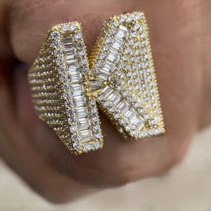 Luxury Letter K <b>Cocktail</b> <b>Ring</b> With Baguette Cut Diamond Pave Setting Yellow <b>Gold</b> Plated Unisex Everyday Wear - Product Image 1