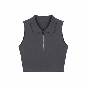 Custom Logo Embroidery Black Sleeveless Women's Summer Half Zipper Tank <b>Top</b> Slim Casual Silk/Cotton Breathable Polo Shirt Zip - Product Image 6