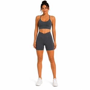Women Cross Waist Pocket Biker Shorts Set Adjustable Strap Sports Bra Yoga Fitness Gym Workout Activewear - Product Image 1