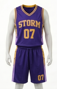 Conjunto de Camiseta de Baloncesto Storm, Morado y Dorado, Sublimado, Cuello en V, Sin Mangas, Pantalones Cortos con Cordón, Unisex, Corte Atlético para Adultos - Product Image 2