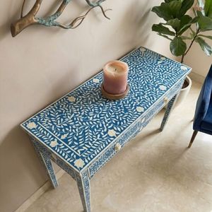 Mesa Consola Moderna de Lujo Nórdica Azul y Blanca con Incrustaciones de Hueso y Cajones para Sala de Estar, Entrada y Decoración del Hogar - Product Image 3