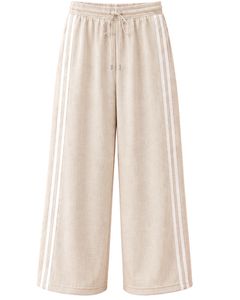 Pantalones de chándal anchos de lino beige personalizados por el fabricante con rayas laterales blancas para mujer, pantalones casuales de ajuste holgado con cintura elástica - Product Image 1