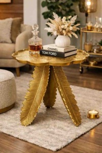 Mesa Auxiliar de Aluminio Dorado con Acabado de Latón Clásico, Mesa de Centro Moderna con Pedestal Redondo, Elegante Mesa Auxiliar para Sofá, Mesa de Sala de Estar - Product Image 5
