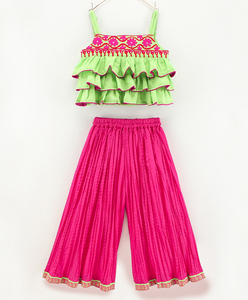 Girls Layered Ruffle Strap <b>Top</b> With Pink Pleated Palazzo Pants Kids Ethnic <b>Festive</b> Traditional Party Wear Outfit Set - Product Image 1