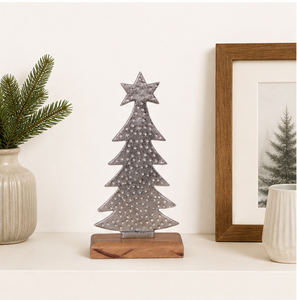 Modern Silver Aluminum Handcrafted Christmas Tree Sculpture With Solid Wooden Base Hammered Metal Tabletop Holiday <b>Decoration</b> - Product Image 2