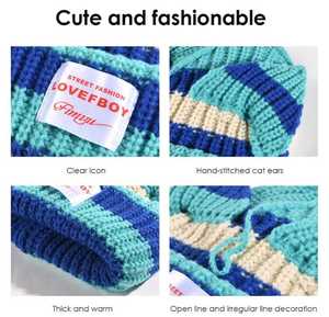 Knitted Beanie <b>Hat</b> <b>Cat</b> Ears Color Blocking Stripes Unisex Adult Winter Adjustable Breathable Waterproof Handmade Cute Street - Product Image 5