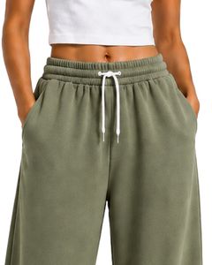 Olive Green Women <b>Wide</b> <b>Leg</b> Sweatpants High Waist Loose Fit Casual Streetwear <b>Lounge</b> Fleece Trousers With Drawstring Pockets - Product Image 5