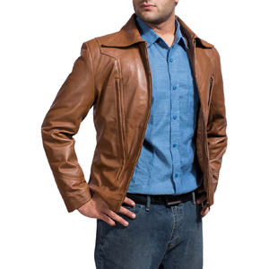 Blouson moto homme en cuir véritable marron coupe ajustée coupe-vent et imperméable col rabattable fermeture éclair streetwear automne - Product Image 2