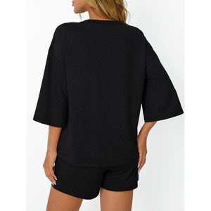 2025 femmes pour salon ensembles deux pièces manches 3/4 t-shirts surdimensionnés avec taille élastique Shorts tenues d'été XS taille côtes Fabr - Product Image 3