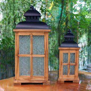 Rustic Wooden Outdoor <b>Lantern</b> <b>Set</b> Decorative Candle Holder with Embossed Glass and Metal Top Farmhouse Garden <b>Lantern</b> - Product Image 5