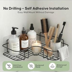 Corner Wall Mounted <b>Metal</b> Storage Rack Double Tier Self <b>Adhesive</b> Bathroom Organizer Minimalist Style - Product Image 3
