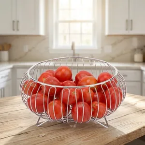 Stainless Steel Wire Fruit <b>Basket</b> Bowl | Round Metal Fruit Holder with Raised Stand | Kitchen Countertop Dining <b>Table</b> Storage - Product Image 3