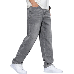 <b>Mens</b> Solid Grey Washed Breathable Loose Fit Wide Leg Denim <b>Jeans</b> with Panel Stitch Design for Spring Casual Comfort - Product Image 3