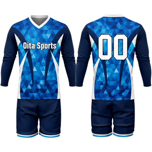 Men Blue Green Sublimated Volleyball Uniform Long Sleeve Polyester Sports Set <b>Athletic</b> Team Match Performance Apparel - Product Image 1