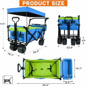 Collapsible Camping Cart with Large All-Terrain Wheels & Brake Adjustable Handles Removable Canopy & Cooler Bag Green Blue - Product Image 2