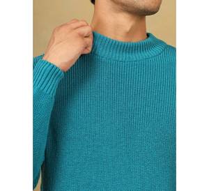 Pull en laine tricoté de couleur turquoise unie pour homme de qualité supérieure |   Pull d'hiver à col rond avec motif géométrique, séchage rapide et doux - Product Image 3