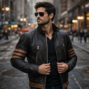 <b>Mens</b> <b>Brown</b> Striped <b>Leather</b> Biker <b>Jacket</b> Wolverine Inspired Logan Style Streetwear - Product Image 1