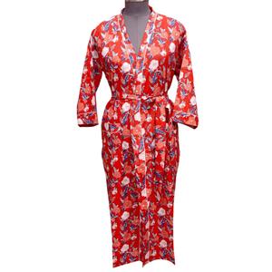 Robe kimono d'été pour femme, faite à la main, 100% coton, col en V, ceinture, manches longues, imprimé floral, séchage rapide, respirante - Product Image 1