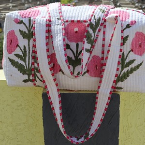 Handmade Cotton Quilted Duffle <b>Bag</b> Pink Floral Pattern <b>Large</b> Capacity Weekender Travel <b>Bag</b> - Product Image 1