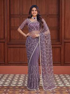 Conjunto de Saree de Lujo en Color Morado Malva con Bordado de Lentejuelas Pesadas y Patrón de Ondas, Ideal para Bodas Indias y Pakistaníes, Ropa de Fiesta de Verano de Secado Rápido - Product Image 4