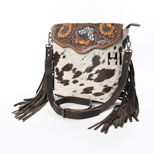 Sac bandoulière en cuir de vachette tanné végétal Hairon avec fermeture éclair, gravures à la main motif tournesol, pompons en daim de vache - Product Image 2