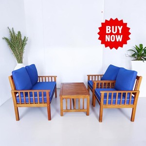 <b>Garden</b> Set 4 Seater Modern Design Outdoor Furniture with Blue Cushions Weather Resistant Solid Wood Frame - Product Image 1