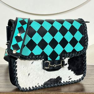 Genuine Cowhide Leather 2026 Crossbody Bag for Women's Checkered Shoulder <b>Purse</b> Handmade Hair on Sling Bag with Horse Bit Buckle - Product Image 4