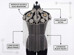 Cape d'épaule noire brodée or et perles pour femme, avec franges et pompons, idéale pour mariages et soirées, style élégant et luxueux - Product Image 6