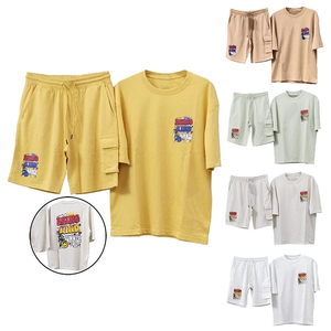 Mens Summer Sporty 100% Cotton Velour Short Sleeve T-Shirts and Shorts Sweatsuit 2-Piece <b>Set</b> - Product Image 1