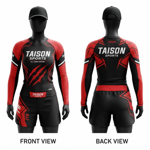 Rashguard de BJJ para Mujer de Alta Calidad, 260 GSM, Poliéster y Spandex, Panel Rojo y Negro, Logotipo Personalizado Impreso - Product Image 1