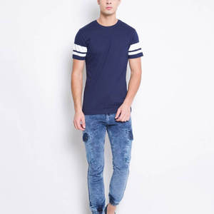 Camiseta Premium de Algodón para Hombre, Corte Ajustado |   Camiseta de manga corta con cuello redondo y rayas dobles en contraste |   Logotipo Personalizado al por Mayor, Ropa Casual de Verano - Product Image 1