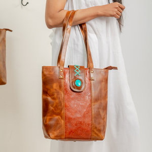 Bolso Tote de Cuero Genuino con Grabado Floral Hecho a Mano para Mujer, Impermeable, Portátil, con Asa Superior, Color Turquesa, para Todas las Temporadas - Product Image 4