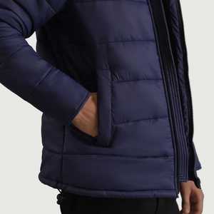 Wholesale Solid Navy Color Puffer Men's <b>Jacket</b> Breathable Fabric Stand Collar Oversize Removeable Hood Zip Up Outdoor <b>Jacket</b> - Product Image 2