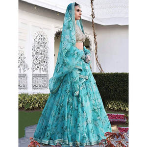 Encantador cielo azul floral impreso Organza boda Lehenga Choli - Product Image 1