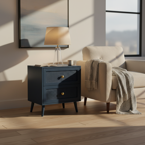 Mesa Auxiliar Moderna Ecológica de 2 Cajones con 5+ Compartimentos, Madera de Caucho, MDF, Chapa de Roble y Detalles de Ratán - Mesa de Almacenamiento para Lateral/Cama - Product Image 4