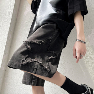 Nouveaux shorts en jean déchirés et écologiques pour hommes, motif étoile patchwork, taille mi-haute, décontractés, en coton, pour l'été - Product Image 6